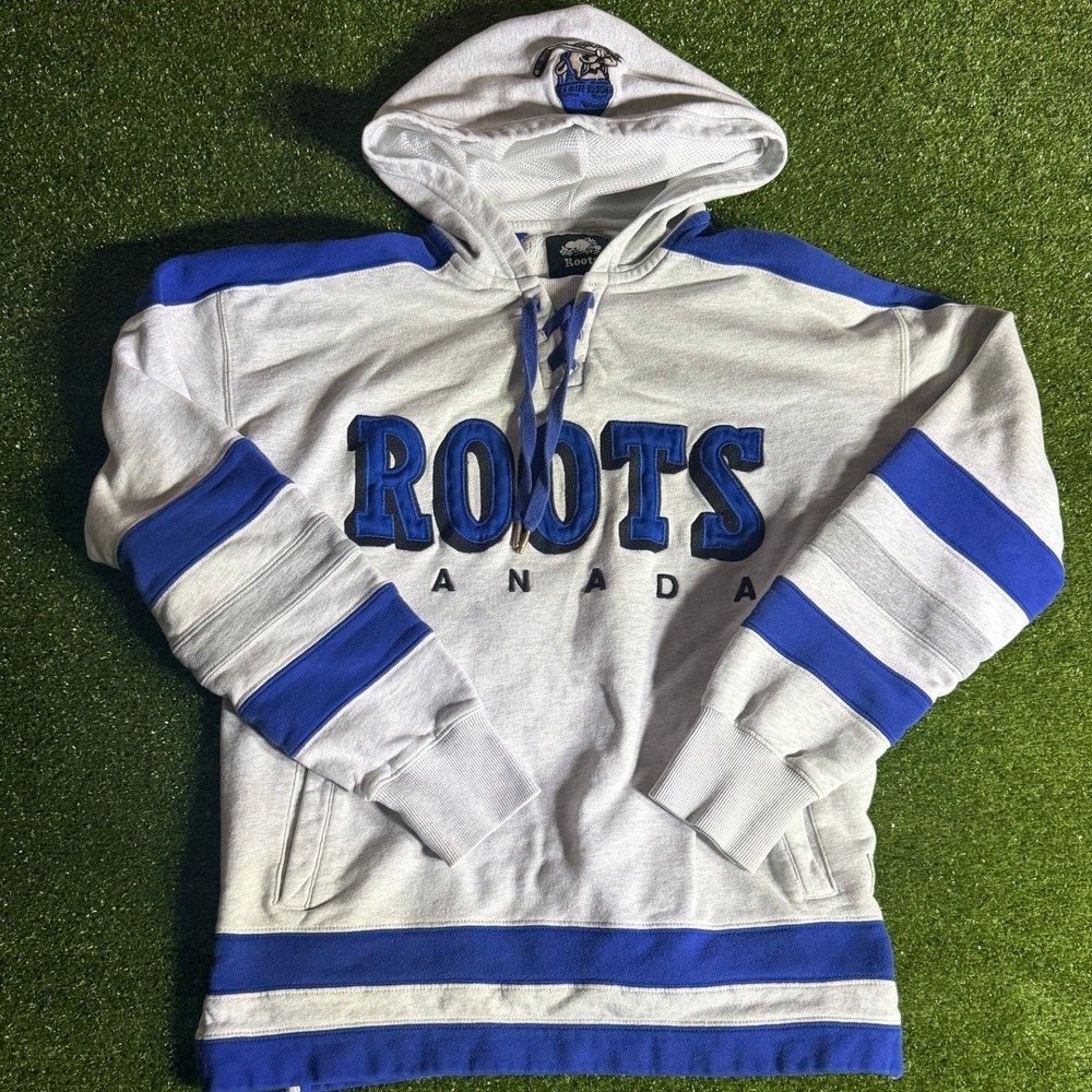 Roots Canada Athletics Hockey Lace Up Hoodie Grey Blue Mens Small Sweatshirt